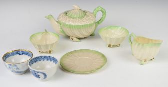 Belleek nautilus shell tea for one and two first period Worcester tea bowls, tallest 12cm