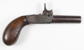 French percussion hammer action pocket pistol with engraved lock, top plate and underside, folding
