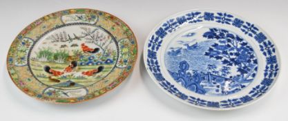 Chinese 19thC famille verte plate decorated with cockerels and a blue and white export plate,