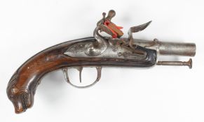 Duche of Nantes France flintlock belt pistol with named lock, carved dog head to the butt and