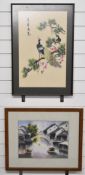 Two Chinese embroideries, one of peacocks the other a boating scene, largest 34 x 56cm