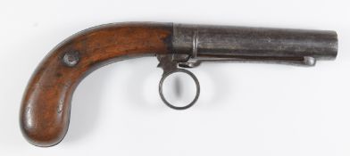 J R Cooper patent 50 bore percussion under-hammer pocket pistol with shaped wooden grips, ring