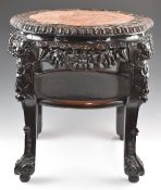 Chinese 19thC padauk wood table with carved and pierced decoration figural legs, ball and claw
