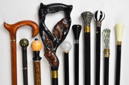 Ten walking sticks / canes including Country Canes, carved, specimen wood, polishes stone knopped