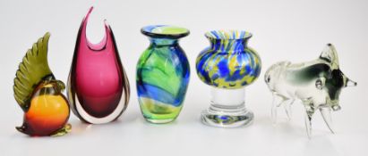 Five pieces of art glass including a Murano style bull and bird paperweight, cranberry vase etc,