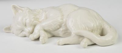 Nymphenburg porcelain figure of a recumbent cat, length 14cm