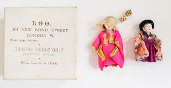 Two miniature 19th / 20thC Chinese dolls in box 'Loo Chinese Things Only prices from 1d to £1000',