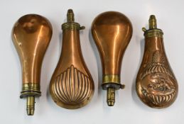 Four copper and brass powder flasks comprising Sykes with embossed scene of a dog, hare and game