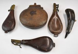 Five powder or shot flasks comprising four leather examples, two with embossed decoration and one