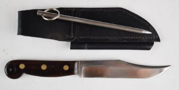 John Nowill & Son Ltd hunting knife with wooden grips, 15cm Bowie style blade, leather sheath and