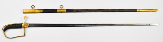 Royal Navy short sword of small proportions with stirrup hilt and 63cm fullered blade, with