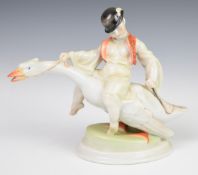 Herend porcelain model of a boy riding a goose, height 21cm