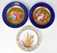 Crown Derby reticulated cabinet plate with fern decoration and two continental Vienna style plates