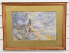 James Stinton Royal Worcester artist watercolour of a cock pheasant guarding a hen against a