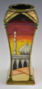 Moorcroft trial vase decorated with a mosque with minaret from four different angles at sunrise,