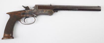 Deactivated Williams & Son .410 saw-handled hammer action duelling pistol with chequered grip,