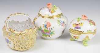 Herend porcelain reticulated basket and two covered pots decorated in the Queen Victoria pattern,