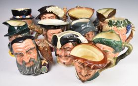 Twelve Royal Doulton large character jugs including Henry VIII, Drake, Pied Piper, and Robin Hood,