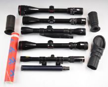 Five various rifle scopes comprising Weaver Micro-Trac CV10 2x-10x38, Simmons Deer Field 4-12x40 and