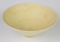 Studio pottery flared pedestal dish, unsigned but in the style of Lucie Rie, diameter 16 x height
