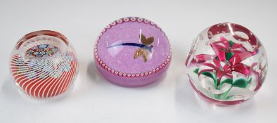 Three Scottish glass paperweights comprising William Manson Paul Ysart Tribute with an adventurine
