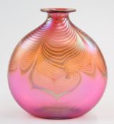 Correia American iridescent glass vase with pulled feather decoration on pink ground, signed '