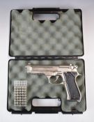 Bruni Model 92 9mm blank firing pistol with chequered composite grips and multi-shot magazine, NVSN,