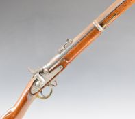 Enfield three band percussion hammer action rifle with lock marked '1857' and with crown over 'VR'
