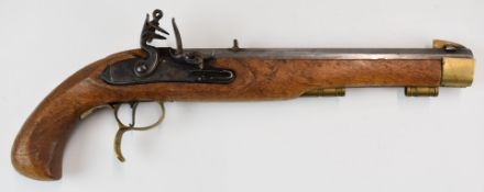 Deactivated flintlock pistol with engraved lock, brass spurred trigger guard and mounts, fixed