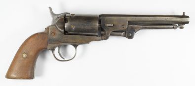 Colt style 5-shot single action revolver with shaped wooden grips, frame engraved 'Patent System'