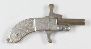 Continental miniature pinfire hammer action pistol with engraved metal grip and 0.5 inch octagonal