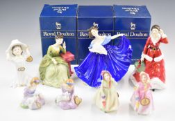 Royal Doulton eight figurines including Winters Day (CC), Elaine, Carolyn etc, tallest 21cm, all