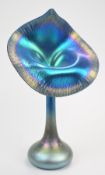 Okra iridescent glass pulpit vase, signed to base, 32.5cm tall.