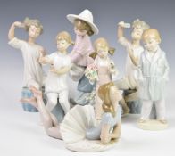 Seven Lladro figures and a Nao lady with bag, tallest 22cm