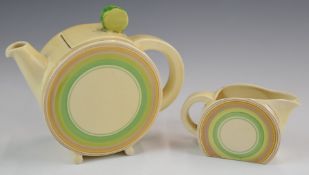 Clarice Cliff for Newport Pottery Bizarre Art Deco teapot and milk jug decorated with concentric