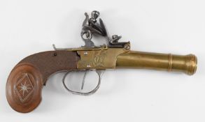 Continental flintlock pocket pistol with engraved stylised tree and urn to the brass lock, chequered