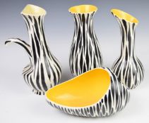 Beswick retro zebra pattern vases and basket, tallest 28cm