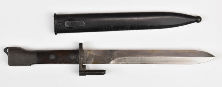 Belgian FN FAL bayonet with wooden grips and flash hider, 20cm blade and scabbard. PLEASE NOTE ALL