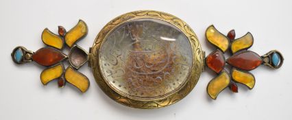 Iranian / Persian 19thC gem set brass and engraved crystal Shia Bazuband with bound hair within