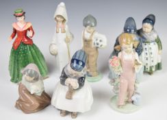 Two Copenhagen figures, Royal Doulton, Lladro and Nao figures, tallest 21cm