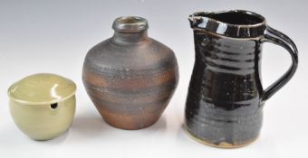 St Ives Pottery jug, covered celadon glazed preserve pot with faint mark but probably St Ives and