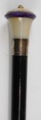 Ebonised walking stick / cane with agate and Blue John knop, hallmarked silver collar and amethyst