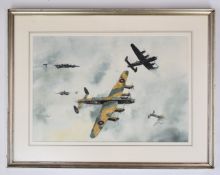 Watercolour painting by Frank Cox entitled 'Lancs', painted as a gift to a fellow flyer Flying