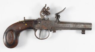 Continental flintlock pocket pistol with engraved swags to the lock, shaped and silver wire inlaid