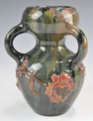 Elton ware studio pottery double gourd shaped three handled vase with applied leaf and berry