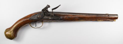 A T Fortschav continental flintlock holster pistol with signed and engraved lock, brass trigger