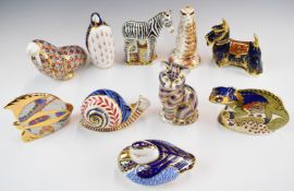 Nine Royal Crown Derby paperweights including walrus, chameleon, zebra, meerkat etc, tallest 13cm
