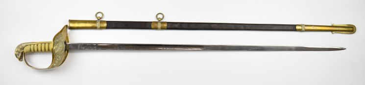 Replica Royal Air Force George V senior officer's sword, the gilt brass pierced guard with RAF