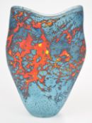 Peter Layton glass vase with orange lava style decoration on blue ground, signed 'Peter Layton' to