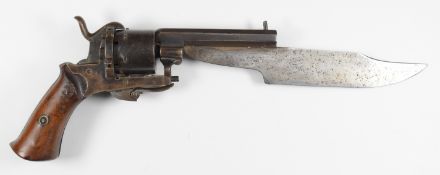Belgian six-shot pinfire self-cocking dagger revolver with Bowie type blade, shaped wooden grips,